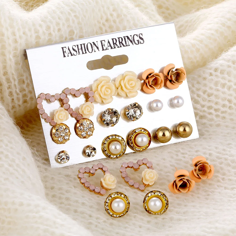 Элегантный 9 пар/компл. Для женщин с цветами и жемчугом сережки-гвоздики с кристаллами для девочек элегантный цветок розы сердце подарочный набор украшений для ушей