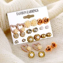 Элегантный 9 пар/компл. Для женщин с цветами и жемчугом сережки-гвоздики с кристаллами для девочек элегантный цветок розы сердце подарочный набор украшений для ушей