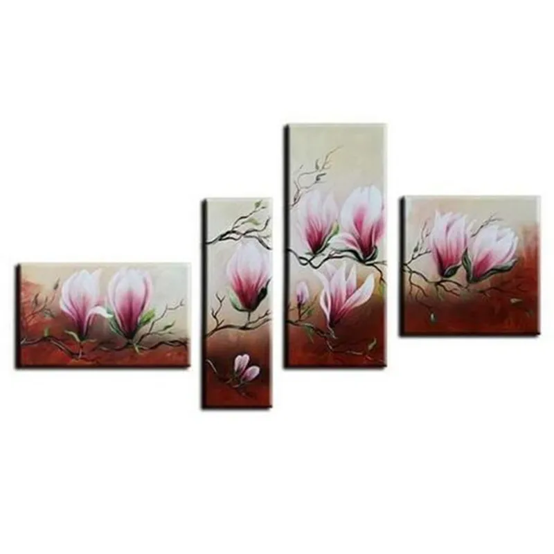 

Modern Hand-painted Abstract Pink Flower Oil Painting on Canvas 4 Panel Pictures Handmade Acrylic Floral Paintings Home Wall Art