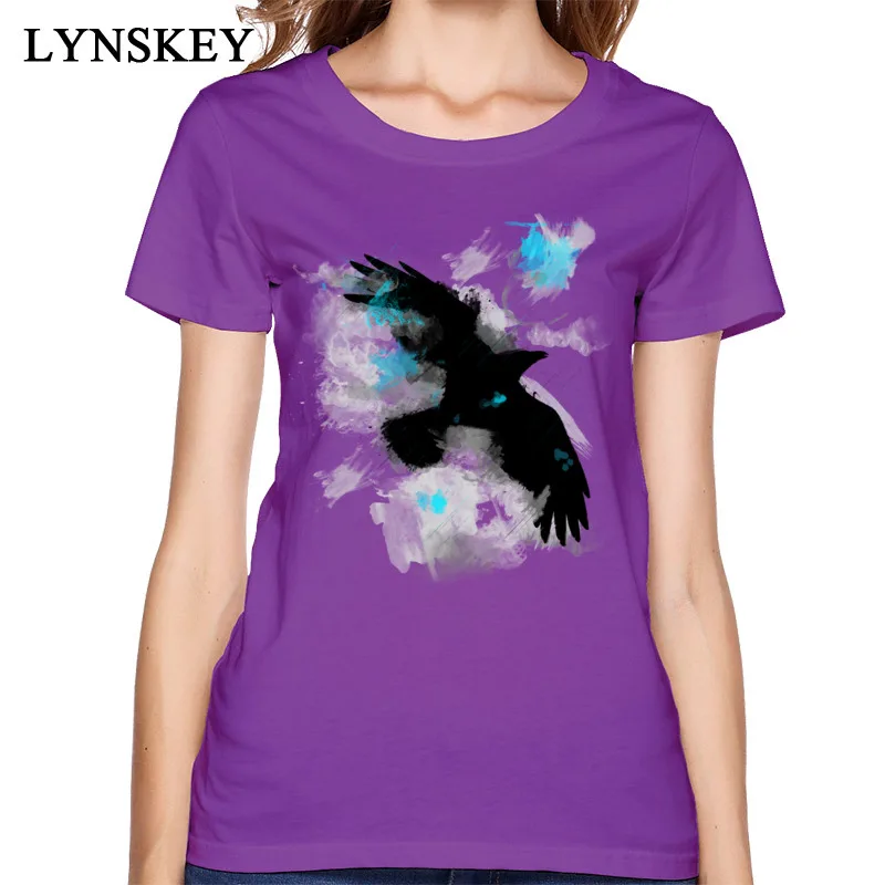 100% Cotton White T-shirt Women Summer Chic Design Blue Crow Print Clothes Slim Fit Short Sleeve Crew Neck Tee Shirts Colorfast | Женская