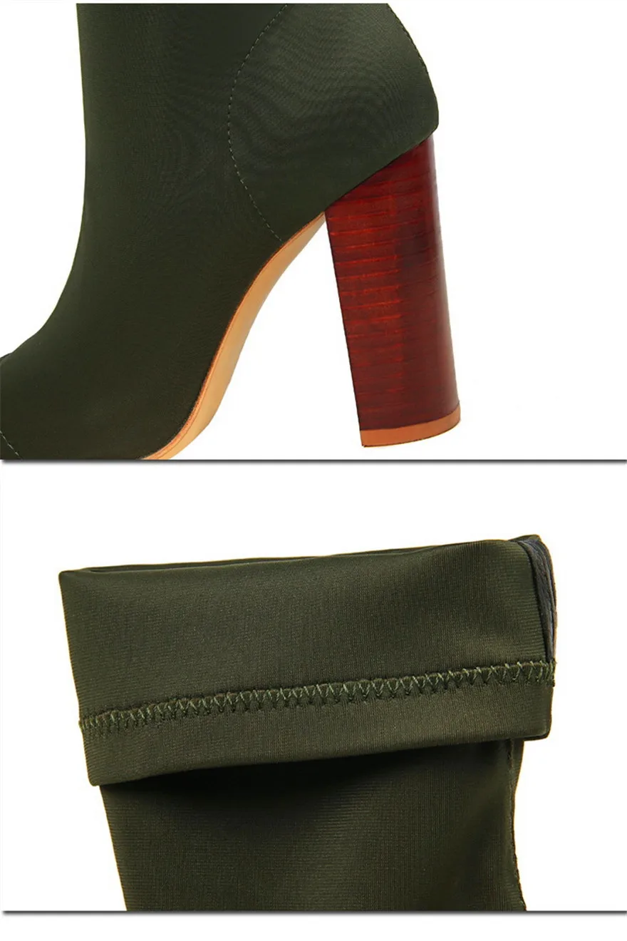 Новое поступление; женские полусапожки в стиле ретро с деревянным лицевым покрытием на квадратном каблуке; выразительные растягивающиеся сапоги на высоком тонком каблуке из лайкры; женская обувь с острым носком
