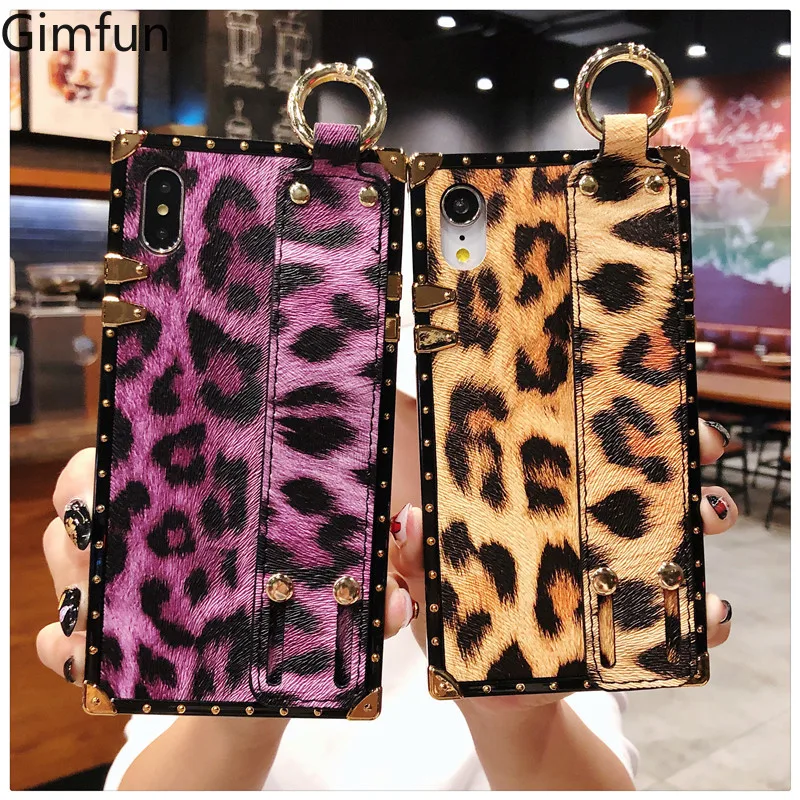 

Gimfun Luxury Wristband Leopard Phone Case for IPhone Xs Xsmax X Xr 6 7 8 Plus Square Tpu Brown Purple Tpu Phone Case