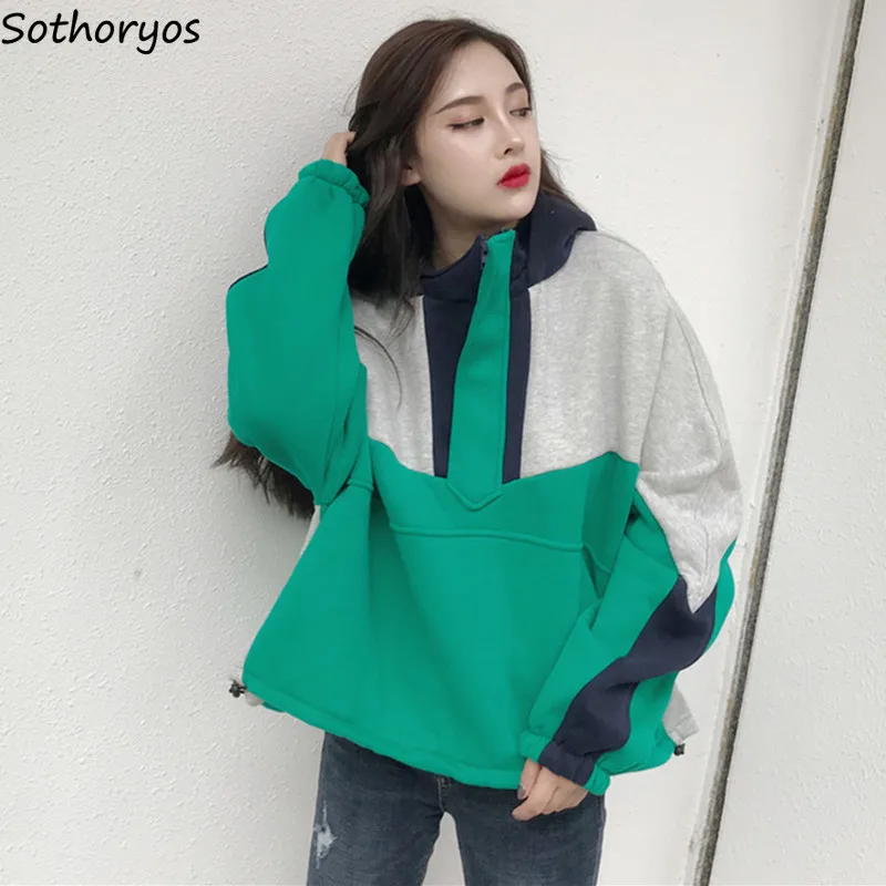 

Hoodies Women Patchwork Simple All-match Trendy Pullovers Korean Style Students Womens Thicker Sweatshirts Ladies Outdoor Soft