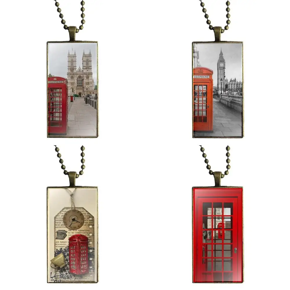 

Vintage London Telephone Box Fashion Glass Cabochon Pendant Necklace With Women Bronze Plated Statement Jewelry For Girls Gifts
