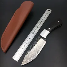 58HRC прямой кованый охотничий нож ручной работы из дамасской стали, фиксированный нож с черной ручкой и кожаной оболочкой