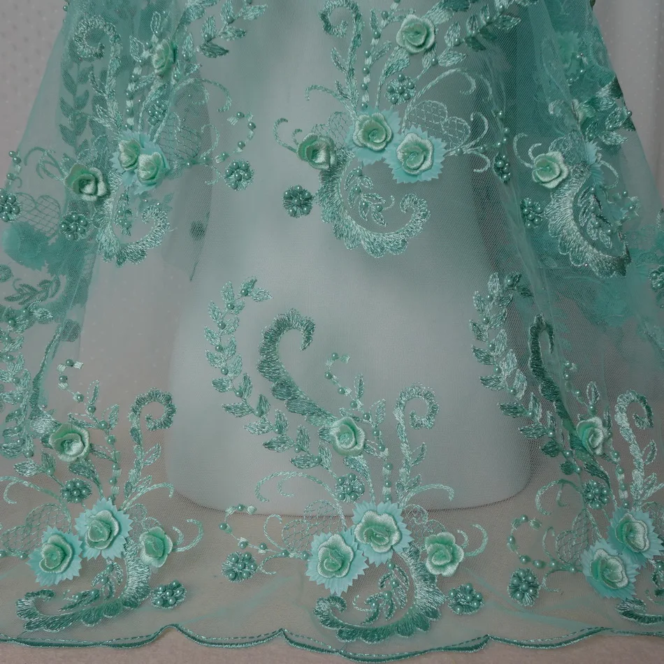 

Mint Green/Black 3D Floral Beaded Mesh Lace Fabric Embroidered Dress Material Sewing DIY Design Textiles-30 Pieces Appliques