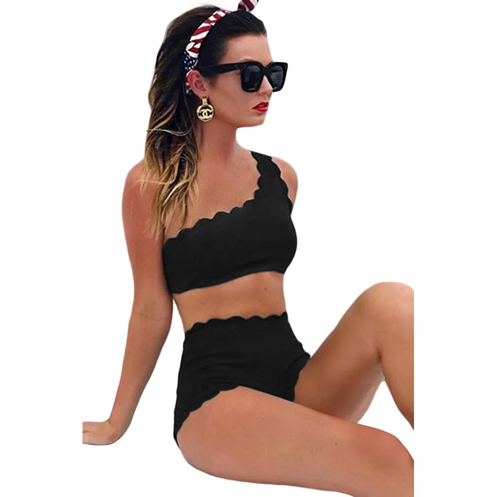 

2019 High Waist Bikini Swimsuit Sexy Bathing Suits Women Scalloped Trim One Shoulder Biquini Sexy Padded Bathing Suit Beachwear