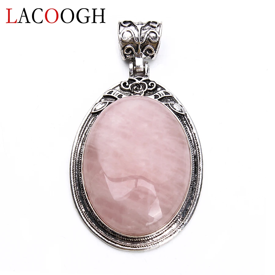 

38x67mm Oval Pink Crystal Stone Natural Stone Zinc Alloy Pendants for Women Men Necklaces DIY Crafts Jewelry Finding Wholesale
