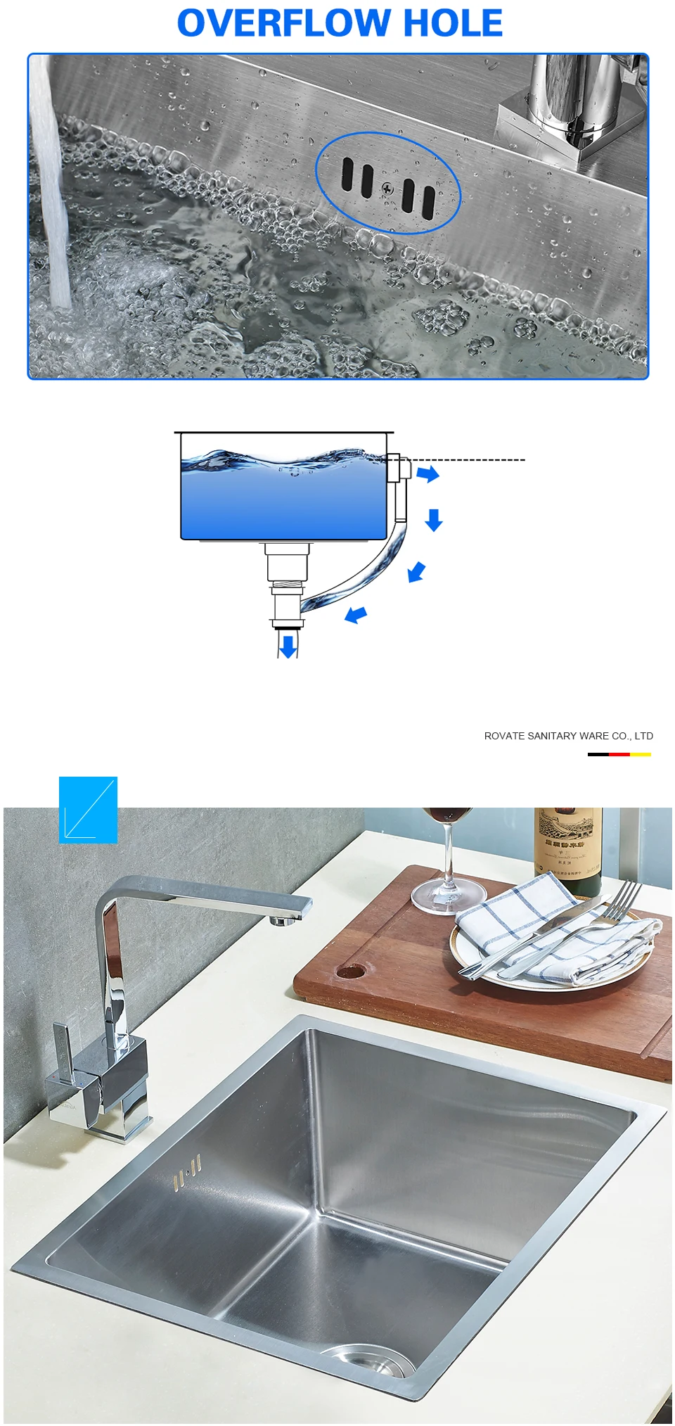 ROVATE кухонная раковина с переливающимся отверстием Нержавеющая сталь Матовый рисунок одна чаша ручной работы матовый Бесшовный