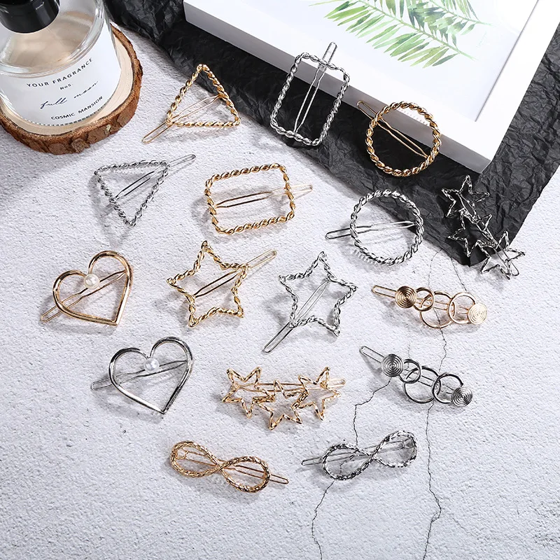 

Fashion Hollow Geometric Triangle Round Square Heart Pentagram Hairpin Set Hair Clip Boho Wedding & party Hair Headwear Jewelry