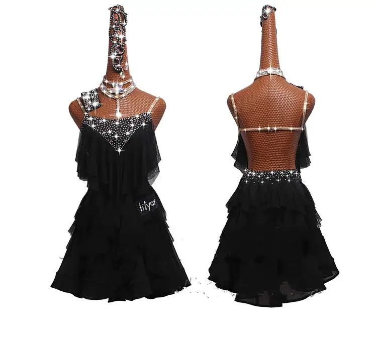 Стразы платье для латинских танцев черный профессиональный костюм для женщин Samba наряд Дамы Бальные соревнования платья с кисточками - Цвет: Черный