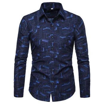 

2019 New Men's Casual Fashion Personality Line Print Square Collar Row Button Long Sleeve Large Size Men's Business Shirt