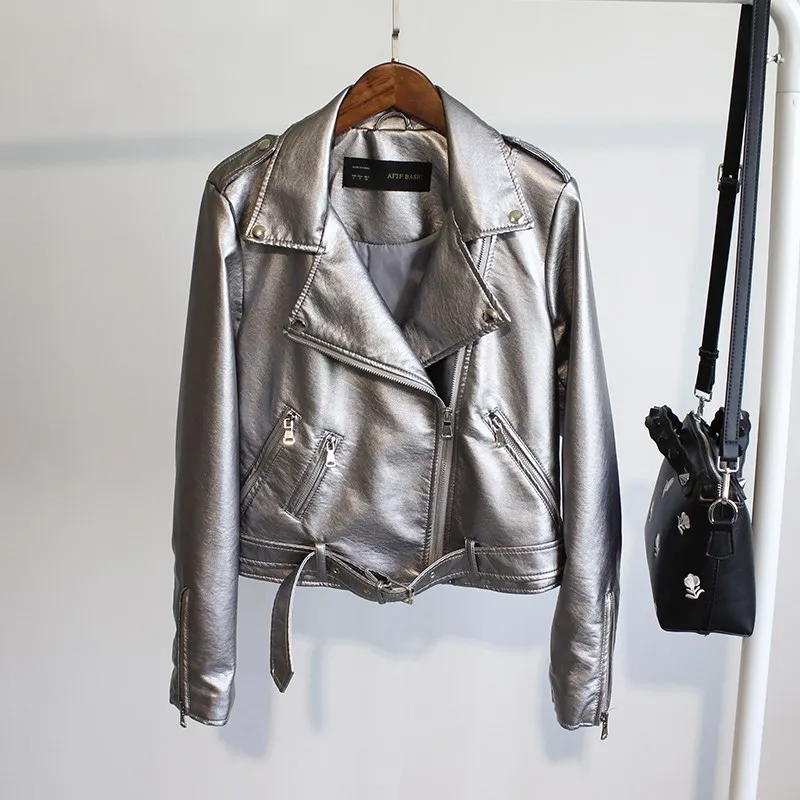 

Fashion Office Lady Women Faux Leather Jacket Solid Slim Winter Jacket Turn-down Collar Motorcycle PU Leather Jacket