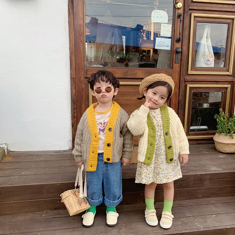 

Korean style coarse yarn knitted colour blocking cardigan sweater for boys and girls slouchy style casual warm sweaters