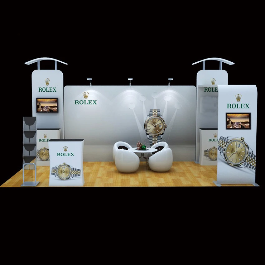 

20ft Custom Portable Tension Fabric Trade Show Display Booth Exhibition System Pop Up Stand with TV Bracket Counters Lights