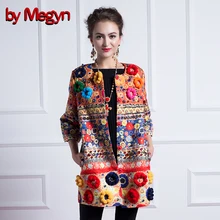 2016 Women Autumn Winter Fuzzy Ball Diamonds Beading Baroque Printed Embroidery Coat Trench Dashiki Trench