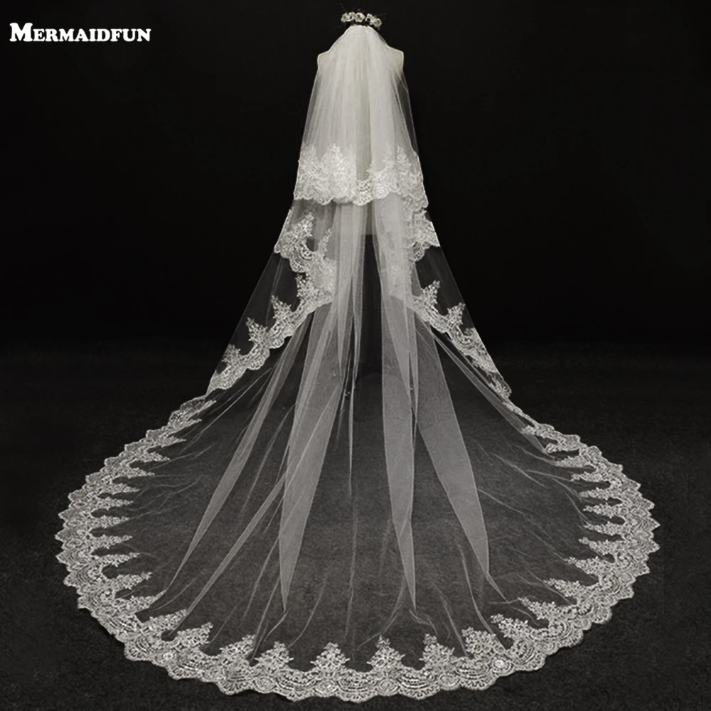 

2019 velos de novia 3 Meters 2T White&Ivory Sequins Blings Sparkling Lace Edge Purfle Long Cathedral Wedding Veils V1100