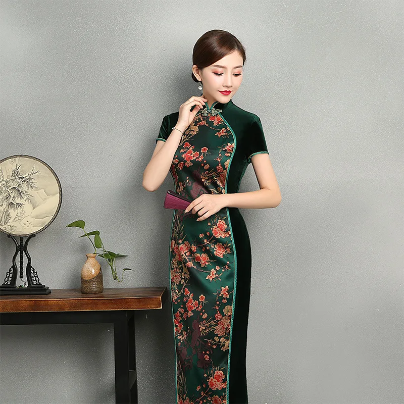 Сексуальное длинное велюровое платье Cheongsam весеннее традиционное платье в китайском стиле женское платье с воротником-стойкой Qipao облегающее вечернее платье Vestido