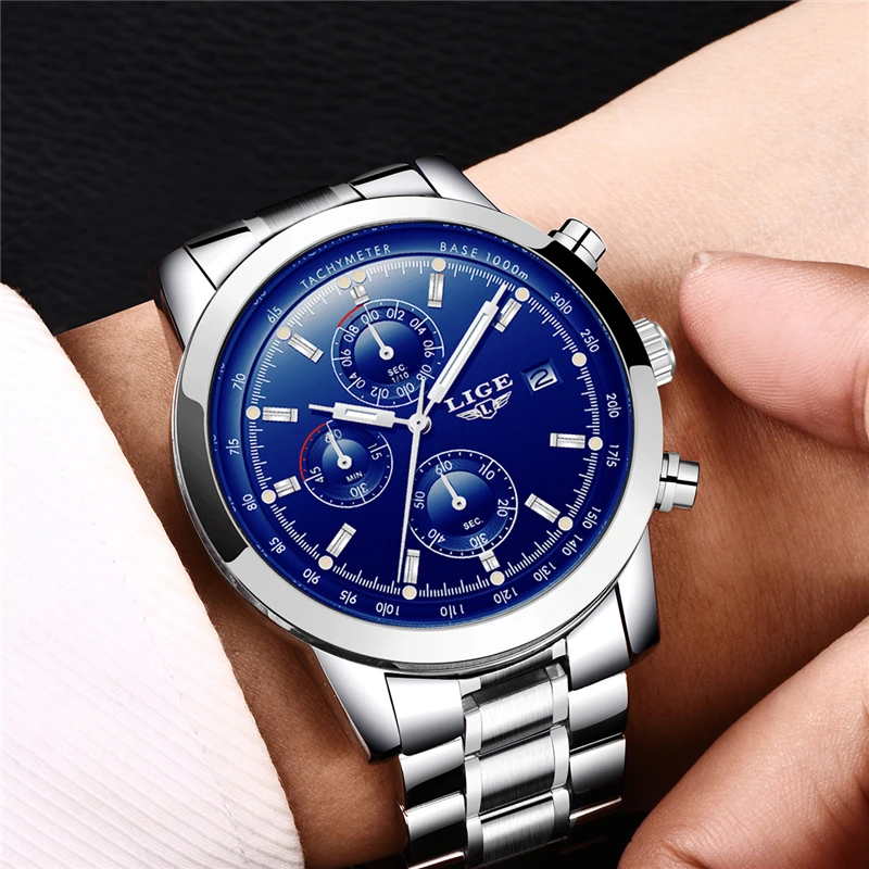 LIGE Watch Men Luxury Brand Fashion Quautz Watches Men's Full Steel Multi-function Military Sport Wristwatch Relogio Masculino