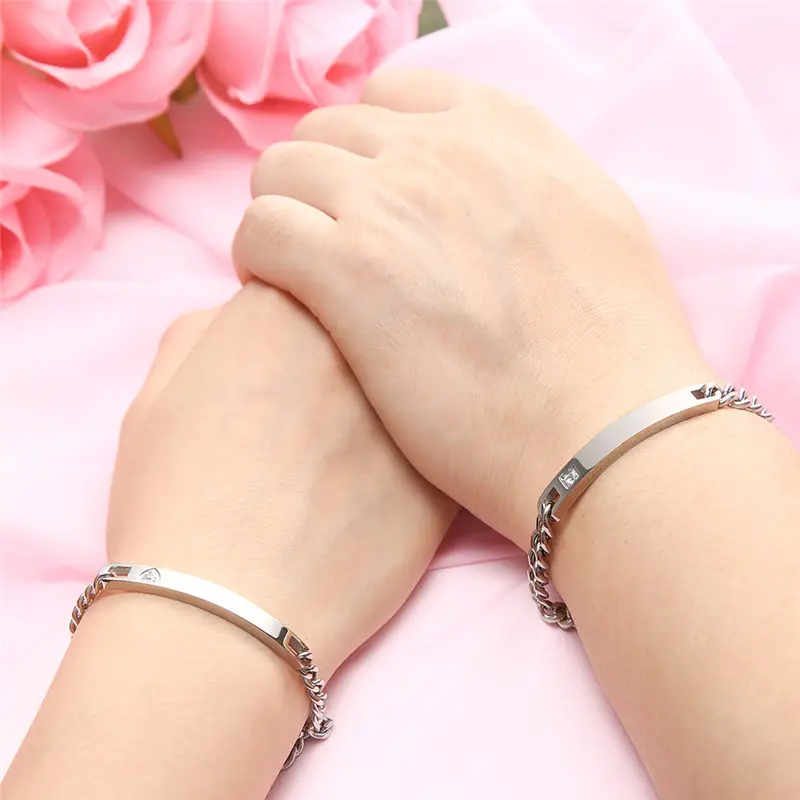 V.YA Personalized Name Stainless Steel Bracelets For Women Men ID Bracelets Inset Zircon Stone Lover Couple Jewelry Bangles Gift