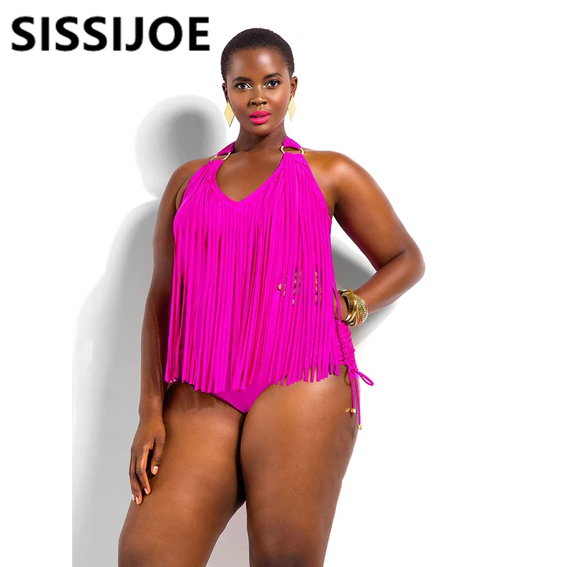 

New Plus Size Fringe Swimwear Black Large One Piece Swim Suit L-4XL Bathing Suits Tassel Monokini