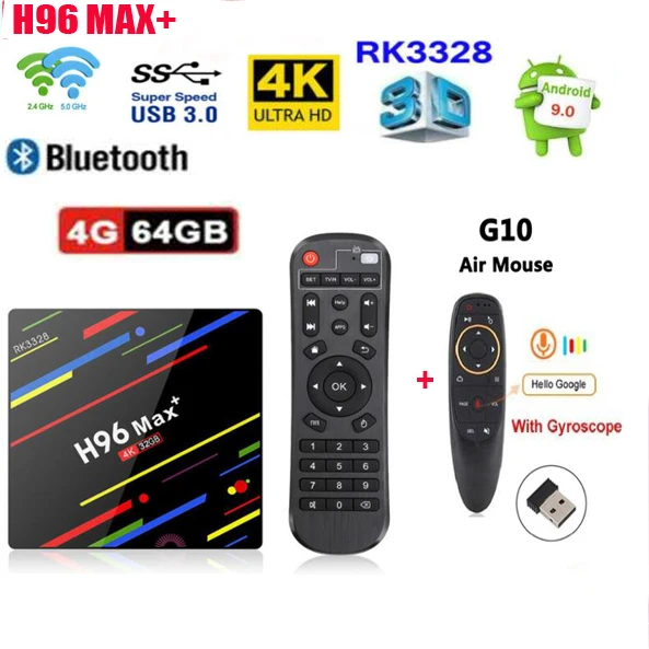 ТВ приставка H96 MAX PLUS на Android 9 0 air mouse RK3328 4 ядра + 64 ГБ EMMC Wi Fi 2 4/5 ГГц KDMC18.0|ТВ-приставки