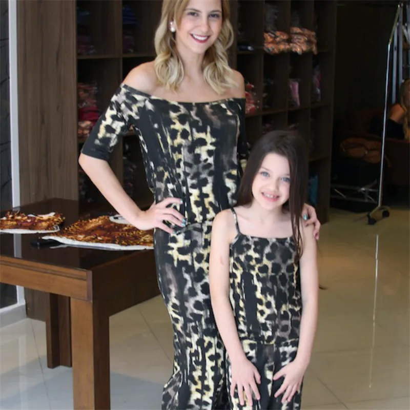 

Fashion Leopard Combining Family Clothes Mother and Daughter Off-shoulder Long Overalls Mommy and Me Women Romper Girl Overalls