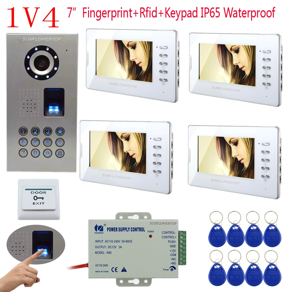 

1v4 Fingerprint Video Doorphone System 7" Color 4 Monitors IP65 Waterproof Video Door Entry System Home Phones Intercom Wired