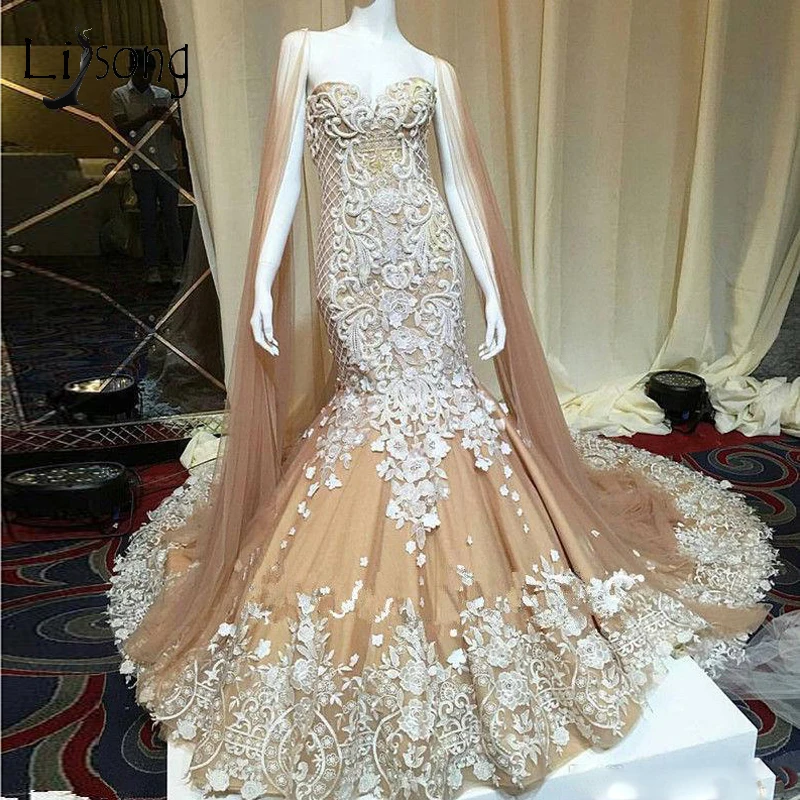 champagne lace mermaid wedding dress