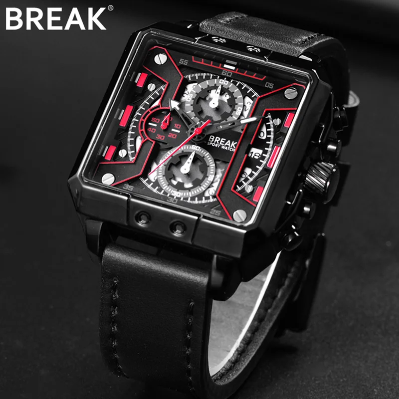 

Break Watch Chronograph Watches Men Leather Brown Quartz Clock Date Fashion Mens Sport Watches Men Waterproof Military Watch