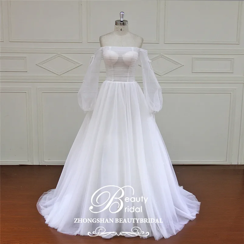 Beautybridal Роскошная свадебная одежда реальные фотографии Часовня Поезд Цветы трапециевидной формы с плеча свадебное платье Vestido NM7002 - Цвет: Бежевый