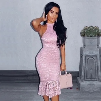 

New High Quality Elegant Pink Lace Dress Fashion Sleeveless Bodycon Midi Bandage Dress Celebrity Evening Party Dresses Vestidos