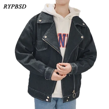 

2018 Spring Autumn Fashion Vintage Metal Ring Zipper Loose Washed Light Blue Denim Jacket Men Hip Hop Street Biker Jean Outwear
