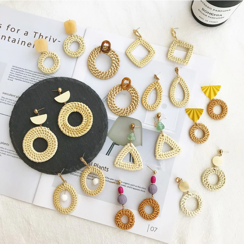 

New Fashion Handmade Drop Earrings For Women Girls Wooden Straw Weave Rattan Earrings Big Round Ball Trendy Jewerly Accessories