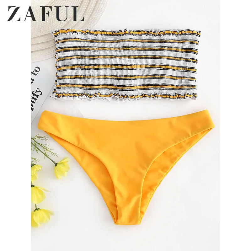  ZAFUL Bikini 2019 Striped Shirred Frilled Bandeau Bikini Set Women Strapless Ruffles Swim Suit Low 