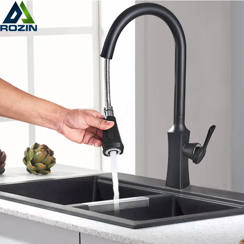 

Black Pull Out Kitchen Sink Faucet Single Hole One Handle Hot Cold Water Mixer Tap Pull Out Spout Stream Sprayer Mixer Faucet