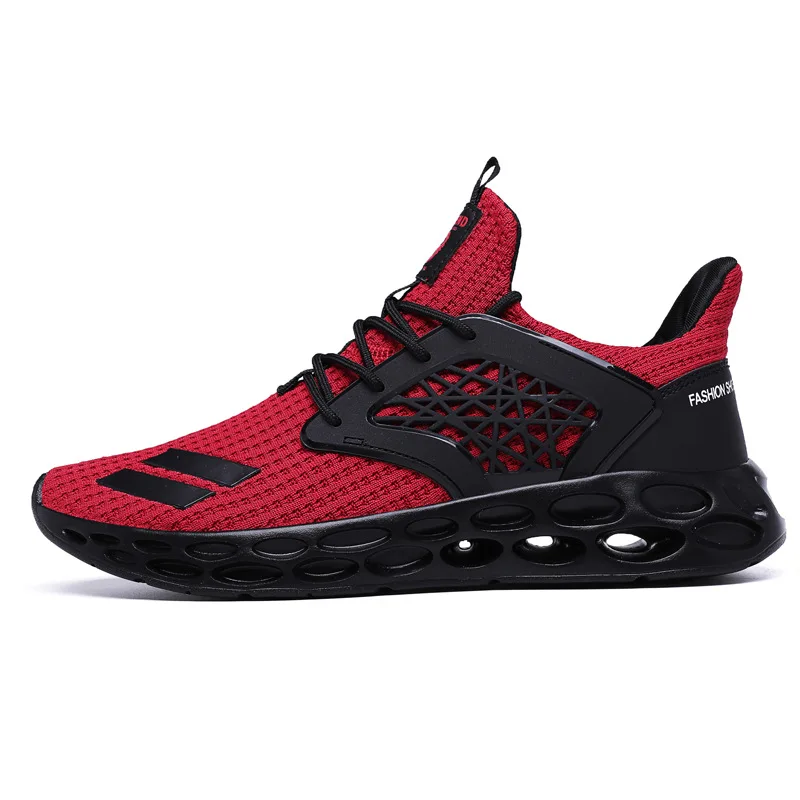Ультра-светильник, кроссовки для мужчин, Летний Стиль, дышащая бейсбольная обувь, Мужская однотонная дешевая спортивная обувь - Цвет: black red