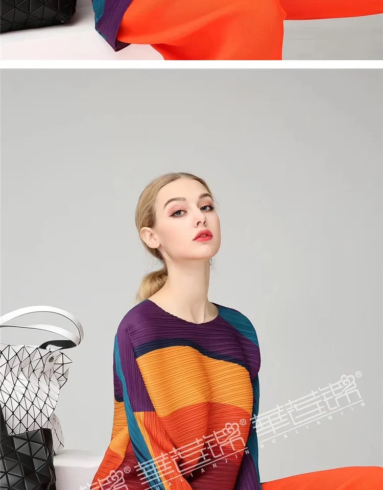 Changpleat2019 Весенняя Новая Женская Полосатая Футболка Топ Miyak плиссированная Мода с круглым вырезом Свободные Большие размеры 3/4 рукав женские футболки Tide