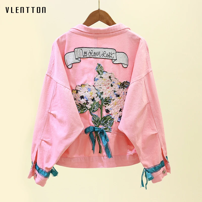 

2019 Spring Pink Yellow Denim Jacket Women Flower Embroidery Long Sleeve Jean Jacket Outerwear Casual Loose Coat Female Jacket