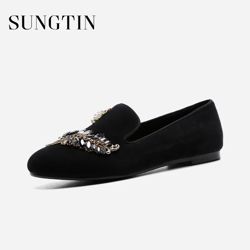 

Sungtin Genuine Leather Casual Women Flats Black Crystal Slip-on Loafers Round Toe Shallow Spring Autumn New Ladies Flat Shoes