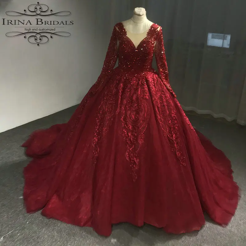 Ирина особого торжества vestido de novia в стиле «Принцесса» с длинными рукавами с кружевной аппликацией; прозрачные, черные, красные, серые, синие свадебное платье