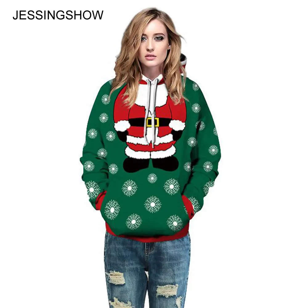 JESSINGSHOW Повседневное Для женщин Для Мужчин зеленый толстовки sudadera mujer Санта Клаус Снежинка 3D пуловер с принтом с капюшоном топы