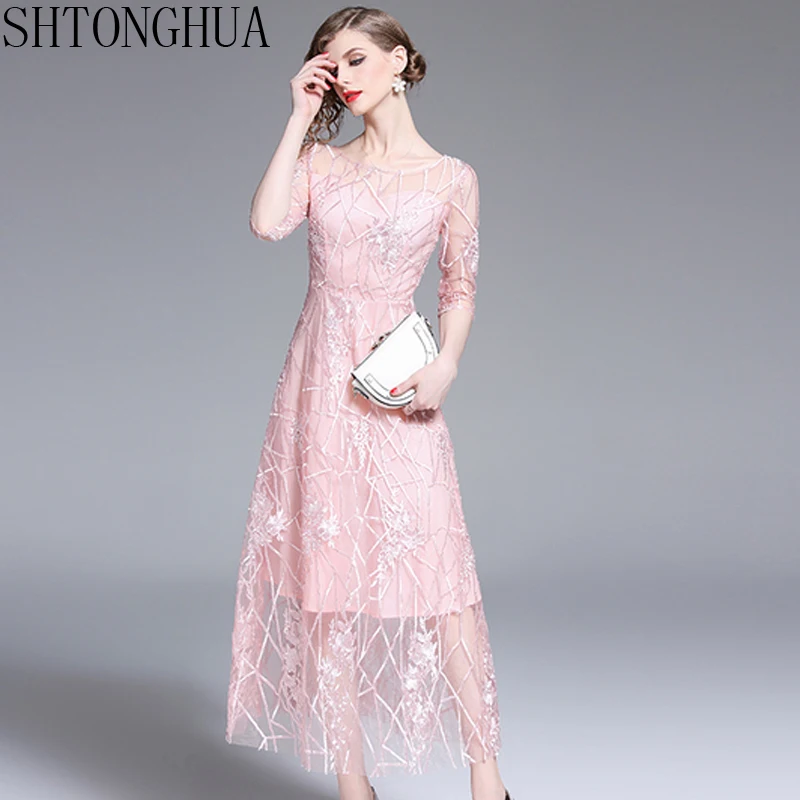

SHTONGHUA High Quality Noble Long Mesh Dress Summer Women Embroidery Floral Pink Tulle Dress Elegant Female Half Sleeve Vestidos