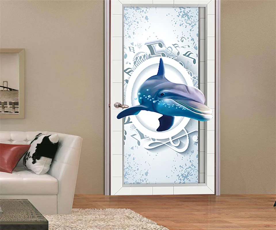 3D синий Дельфин наклейка на дверь s детская комната Спальня дверь Фреска деревянная стальная дверь кожура и наклейка DIY ремонт стены бумага наклейка