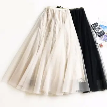 

2020 Spring New Arrival Lace Skirt High Waist Long Skirts For Women Lace Stitching Tulle Skirt 3 Colors Available Free Shipping