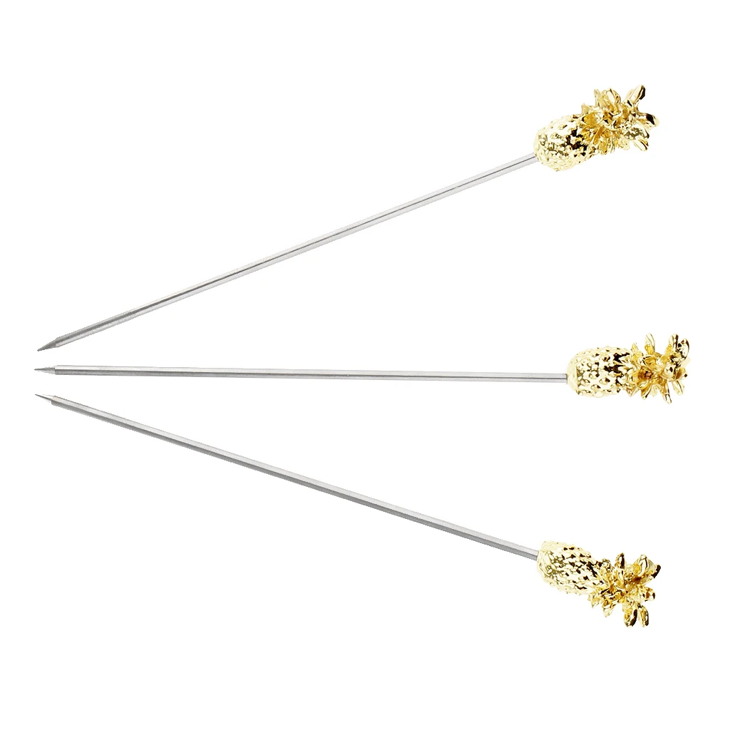 3PCS Stainless Steel Swizzle Sticks Fruit Pineapple Stick Cocktail Pick for Kitchen Bar Accessory Rose Gold