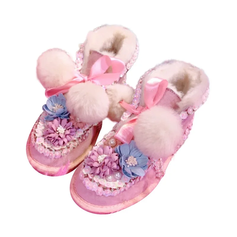 

Real Fur Ankle Boots for Women Cow Suede Flat Snow Boots Warm Plush Flat Booties Sweet Flower Ladies Winter Shoes Bota Feminina