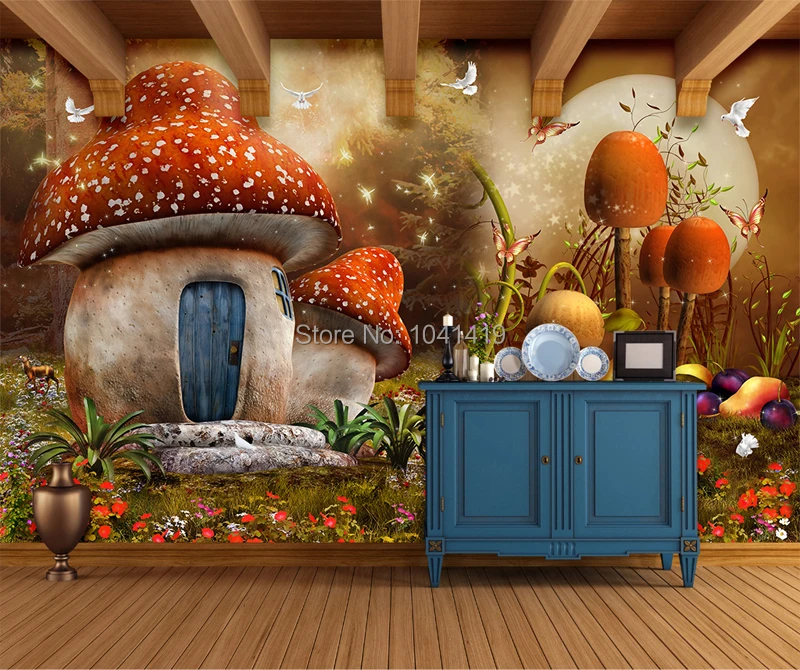 Пользовательские мультфильм тема настенной бумаги для детей грибной дом мультфильм фантазия Настенная роспись детская комната диван фон обои