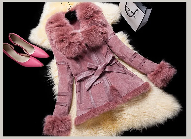 Зимнее женское пальто из свиной кожи, куртки с большим лисьим меховым воротником, верхняя одежда, пальто, теплые пальто, женская меховая куртка