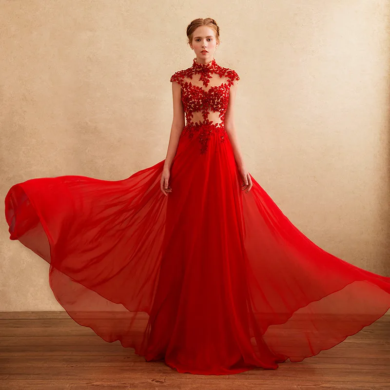 

vestidos long Prom red chiffon lace appliques Evening Formal high neck robe de soiree new sexy see through mother of bride dress